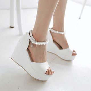 Faux Pearl Ankle Strap Platform Wedges