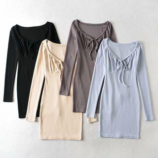 Long Sleeve V-neck Tie-front Mini Bodycon Dress