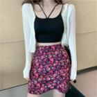 Strappy Crop Top / Fitted Floral Print Mini Skirt / Cropped Cardigan