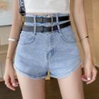 High-waist Double Belt Denim Shorts