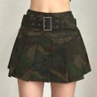 Belted Camouflage Print Pleated Mini A-line Skirt
