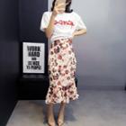 Set: Elbow-sleeve Letter T-shirt + Floral Midi Mermaid Skirt