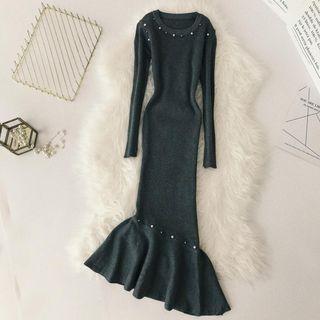 Beaded Long-sleeve Midi Knit Dress