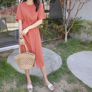 Round-neck Gathered-waist Linen Blend Dress