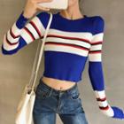 Cropped Long-sleeve Striped Knit Top As Shown In Figure - One Size
