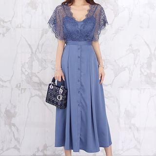 Cap-sleeve Lace Paneled Midi A-line Dress