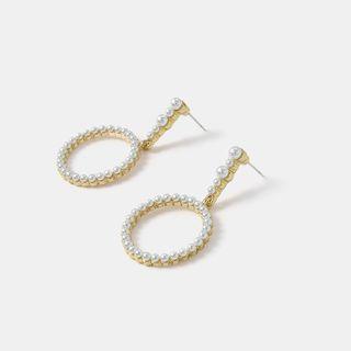 Faux Pearl Hoop Dangle Earring 1 Pair - Gold & White - One Size