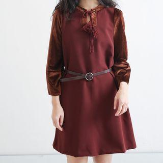 Velvet Panel 3/4-sleeve Dress With Tassel