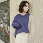 Long-sleeve Color Block Hood Sweater As Shown In Figure - One Size