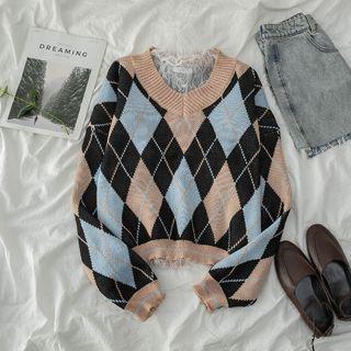 V-neck Argyle Sweater / Lace Top