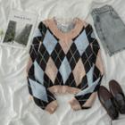 V-neck Argyle Sweater / Lace Top