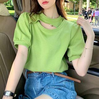 Puff-sleeve Cutout Plain T-shirt