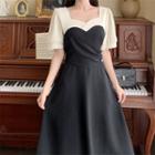 Short-sleeve Square-neck Color Panel Midi Skirt