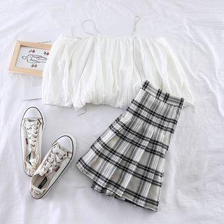 Set: Off-shoulder Chiffon Blouse + Plaid Pleated Skirt