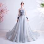 Long-sleeve Floral Trained A-line Evening Gown