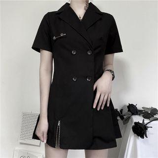 Set: Short-sleeve Mini Collard Dress + Faux Leather Harness Belt