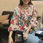 Flower Print Lace Trim Blouse As Shown In Figure - One Size
