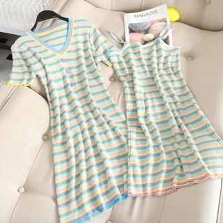 Rainbow Striped Suspender Skirt / Short-sleeve Dress