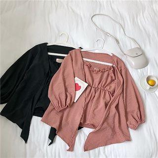 Set:v-neck Ruffled-trim Camisole Top + Asymmetric Puff-sleeve Cardigan