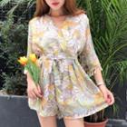 Printed 3/4-sleeve Wide-leg Playsuit