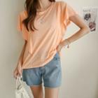 Flutter-sleeve Lace-trim Linen Blend T-shirt