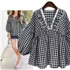 Lace Up Front Long Sleeve Gingham Top