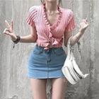 Short-sleeve Frill Trim Tie-front Knit Top / Mini Fitted Denim Skirt