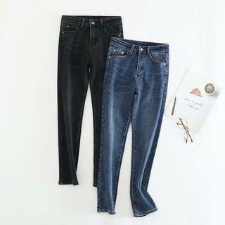 High-waist Straight-cut Fleece-lined Jeans