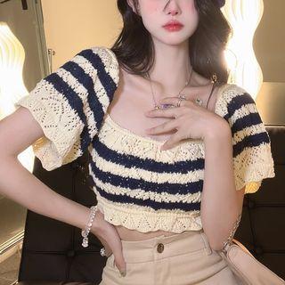 Striped Square-neck Knit Crop Top Stripe - One Size
