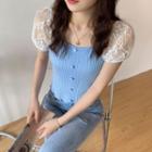 Short-sleeve Lace Panel Knit Top Blue - One Size