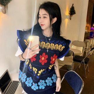 Floral Print Knit Sweater Vest / Short-sleeve T-shirt