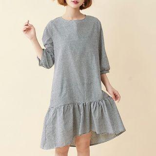 Plaid 3/4-sleeve Dress Black - One Size