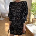 Balloon-sleeve Patterned Dress With Belt Black - One Size