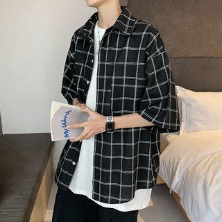 Elbow-sleeve Plaid Shirt Jacket