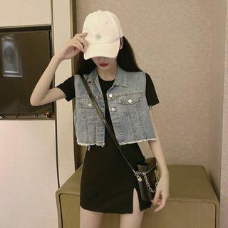 Set: Short-sleeve Mini Sheath Dress + Denim Vest