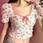 Short-sleeve Floral Print Crop Top White - One Size