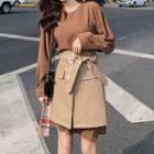 Set: Long-sleeve Mini A-line Dress + Faux Leather Mini Skirt