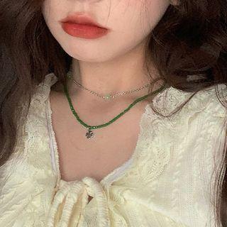 Set Of 2: Beaded Necklace Necklace - Green & Silver - One Size