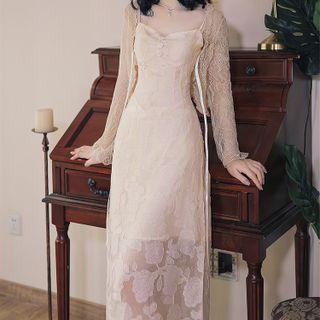 Set: Spaghetti Strap Midi Lace Sheath Dress + Lace Jacket