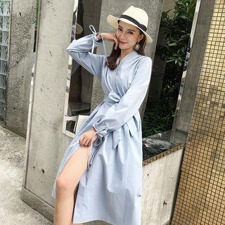 Long-sleeve Collared Tie-waist A-line Dress