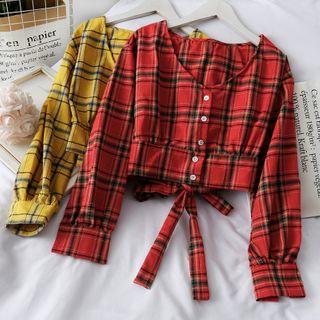 Ribbon-back Cropped V-neck Shirt