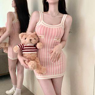 Spaghetti-strap Knit Mini Dress Cream Pink - One Size