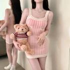 Spaghetti-strap Knit Mini Dress Cream Pink - One Size