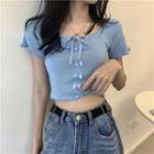 Short-sleeve Bow-accent Knit Crop Top