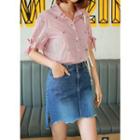 Short-sleeve Tie-cuff Striped Blouse