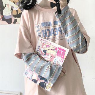 Long-sleeve Mock Two Piece Print T-shirt Pink - One Size