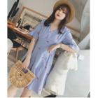 V-neck Elbow-sleeve Striped Shift Dress