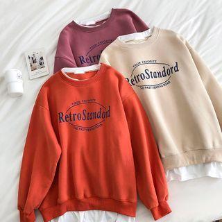 Mock Two-piece Lettering Printed Crewneck Long-sleeve Fleece Sweatshirt