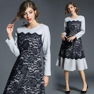 Lace Panel Woolen A-line Dress