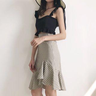 Sleeveless Ruffle-trim Crop Top / Ruffle-hem Gingham A-line Skirt